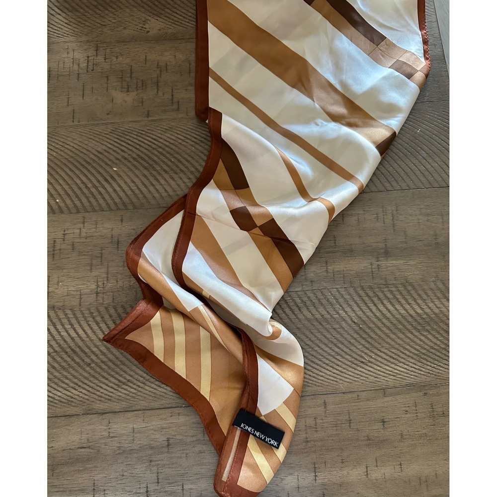 Jones New York 100% Silk Scarf Earth Tone‎ Brown Tan Cream Geometric Stripe